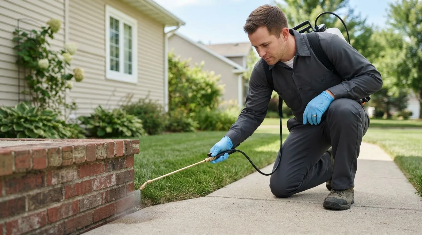 Pest control technician treating a home near Absaraka, ND